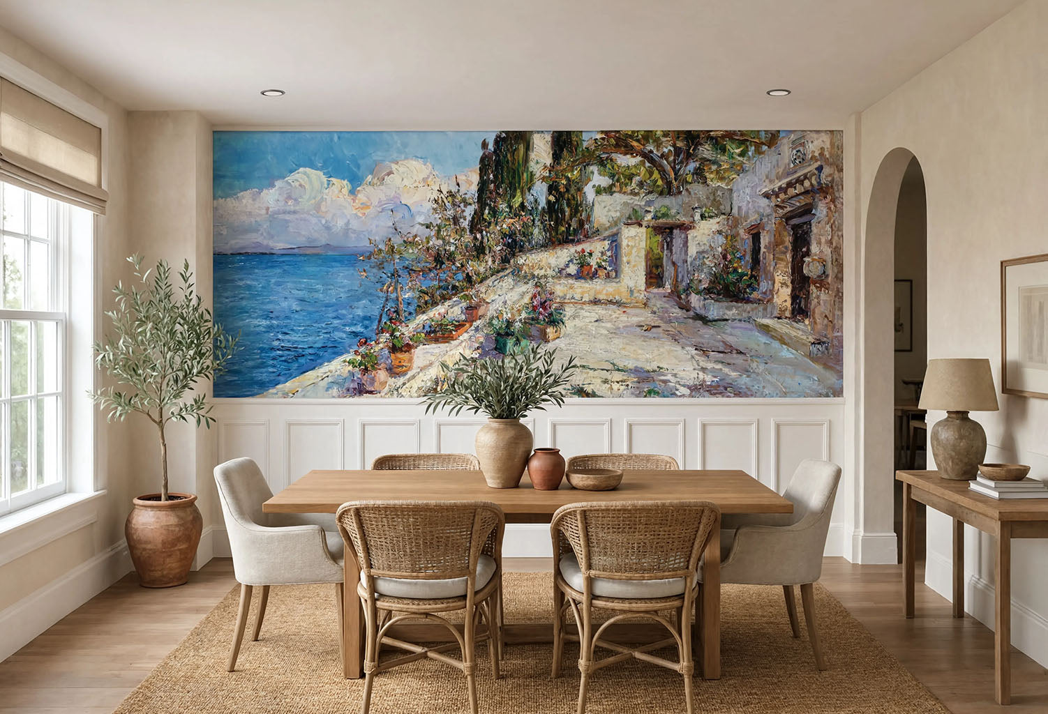 European Riviera fine art print wallpaper on canvas textured vinyl, featuring high-contrast shadows, bright sunlight, cypress trees, and ocean waves.