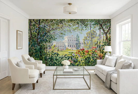 A 19th-century watercolor painting wall mural by Ludwig Hans Fischer depicting a grand white neoclassical palace behind a lush garden with colorful flowers.