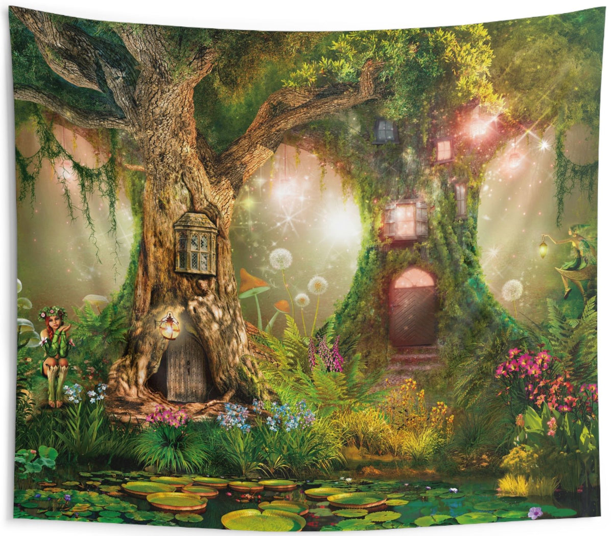 A square wall tapestry featuring a whimsical fantasy forest scene with a large tree, a fairy house, glowing lights, flowers, and a pond with lily pads, shown hanging against a plain white background.