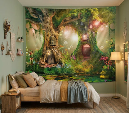 A large wall tapestry featuring a whimsical forest scene with a treehouse, glowing lanterns, flowers, and a pond, displayed on a bedroom wall above a bed.