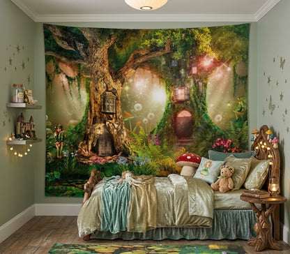 A large fantasy forest wall tapestry featuring a glowing treehouse scene with fairies, lanterns, and mushrooms, displayed on a bedroom wall above a bed with matching decorative bedding and toys.