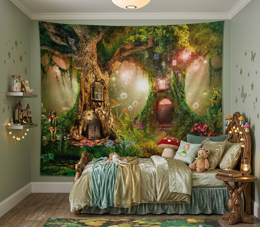 A large fantasy forest wall tapestry featuring a glowing treehouse scene with fairies, lanterns, and mushrooms, displayed on a bedroom wall above a bed with matching decorative bedding and toys.