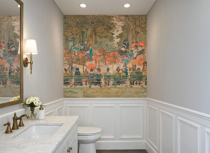 Laminated peel and stick vintage NYC park promenade wallpaper installed in a bathroom