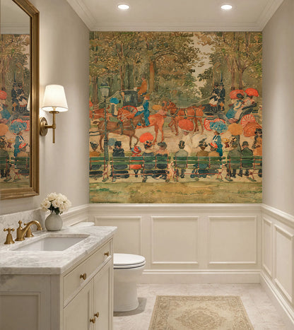 Central Park vintage watercolor wall mural 60x60 square fit installed above white wainscoting in a powder room