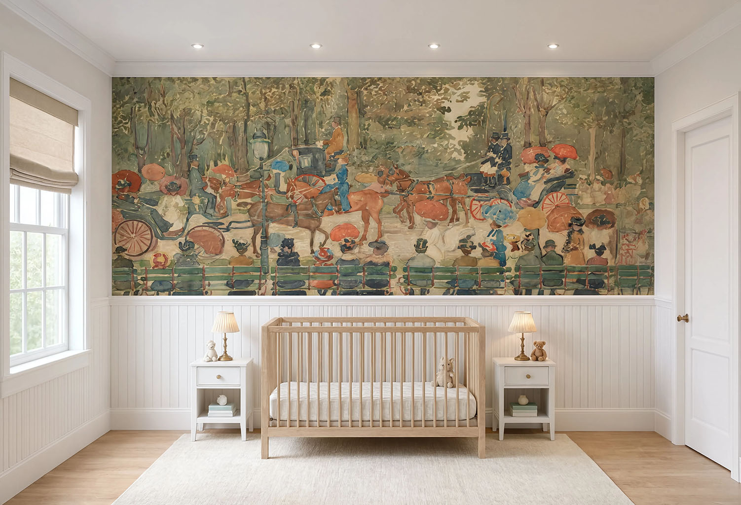Central Park vintage watercolor wall mural installed above white wainscoting in a nursery room