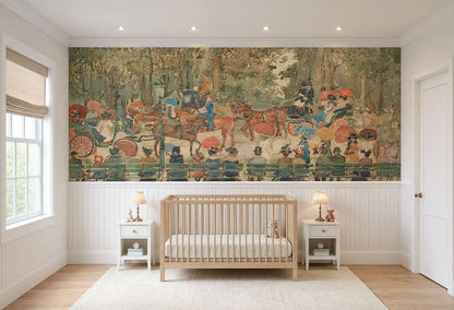Central Park vintage watercolor wall mural installed above white wainscoting in a nursery room