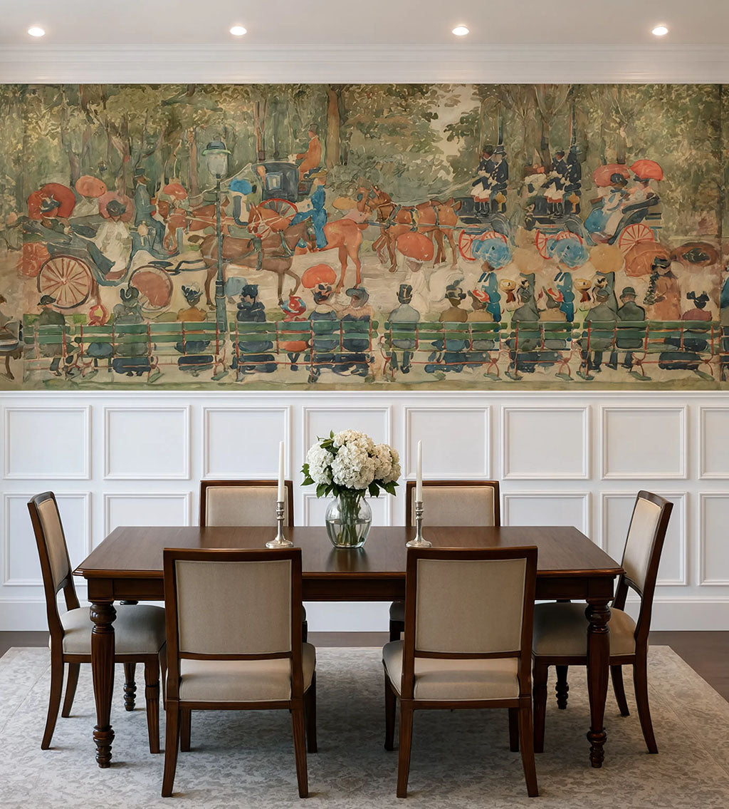 Maurice Prendergast 1901 Central Park landscape mural installed above wainscotin in a dining room