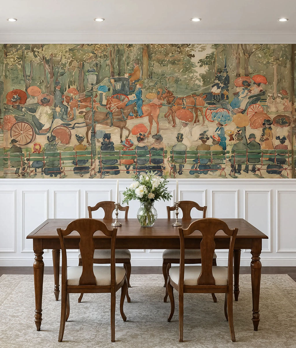 Peel and stick vintage NYC park promenade wallpaper installed in a dining room