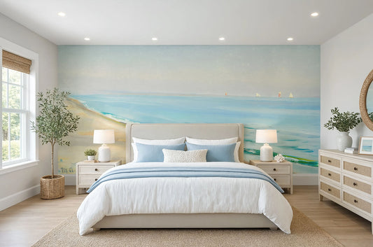 Nordic seaside coastline wall mural installed behind headboard in serene bedroom