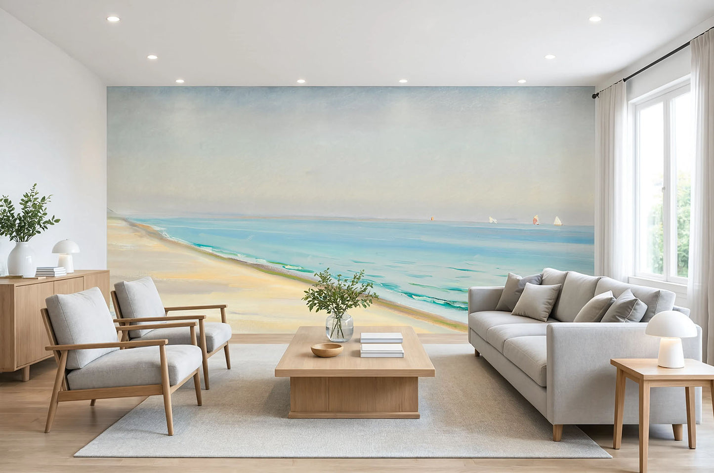 Modern Coastal Beach Wall Mural showing turquoise ocean water and soft sand shore