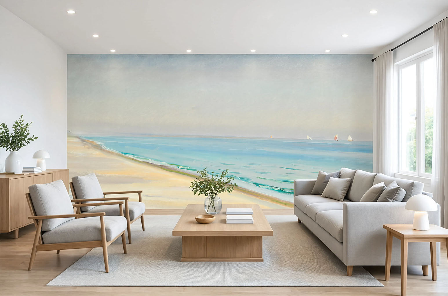 Modern Coastal Beach Wall Mural showing turquoise ocean water and soft sand shore