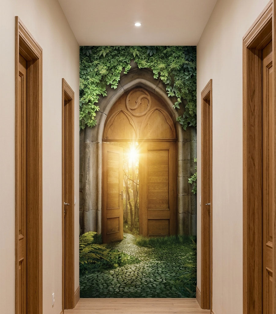 A hallway with cream walls and wooden doors on both sides, featuring a large wall mural of a glowing wooden gothic-style door surrounded by green ivy and moss.