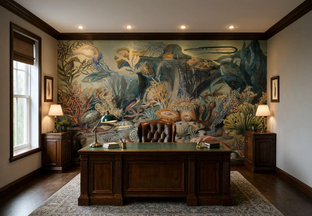 A large, detailed underwater-themed wallpaper mural displayed on the back wall of a home office, styled with a dark wood desk, leather chair, and side tables with lamps.