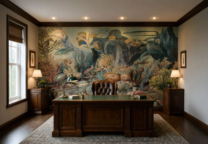 A large, detailed underwater-themed wallpaper mural displayed on the back wall of a home office, styled with a dark wood desk, leather chair, and side tables with lamps.