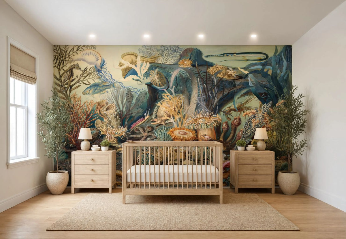 A styled nursery room featuring a large, detailed wall mural of an underwater ocean scene with dolphins and marine life. In front of the mural is a light wood crib, flanked by two matching light wood nightstands with lamps, and decorated with potted plants on either side.