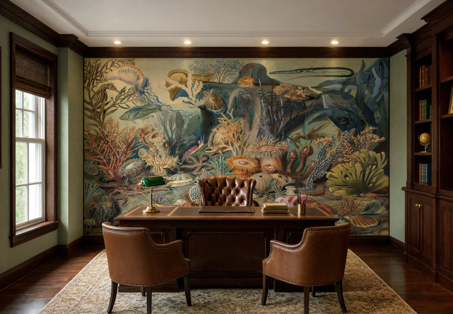 A large, detailed vintage-style mural depicting an underwater coral reef scene, displayed on the back wall of a classic home office with a dark wood desk, two brown leather chairs, and a bookcase on the right.