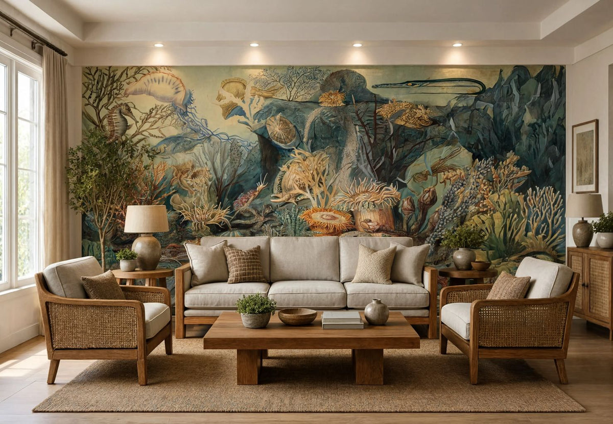 A styled living room featuring a large, detailed wall mural with an underwater sea life scene behind a beige sofa, two wicker armchairs, a wooden coffee table, and a neutral rug.