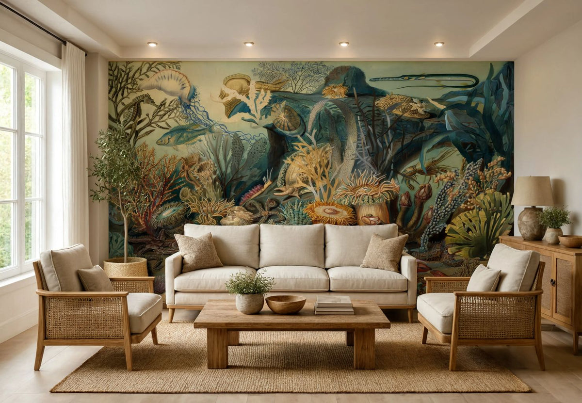 A large wall mural featuring a detailed underwater scene with sea creatures and coral, displayed behind a beige sofa and wooden armchairs in a modern living room.