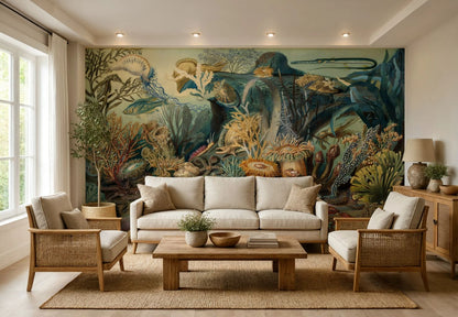 A large wall mural featuring a detailed underwater scene with sea creatures and coral, displayed behind a beige sofa and wooden armchairs in a modern living room.