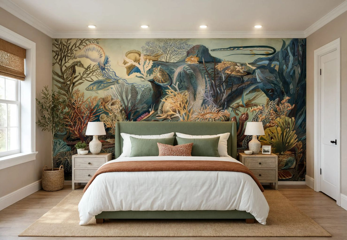 A styled bedroom featuring a large, detailed underwater mural wallpaper on the back wall. The room is furnished with a green bed frame, white bedding, matching pillows, a brown throw blanket, light wood nightstands, and a beige rug.