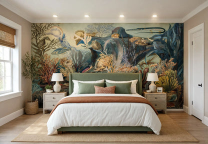 A styled bedroom featuring a large, detailed underwater mural wallpaper on the back wall. The room is furnished with a green bed frame, white bedding, matching pillows, a brown throw blanket, light wood nightstands, and a beige rug.