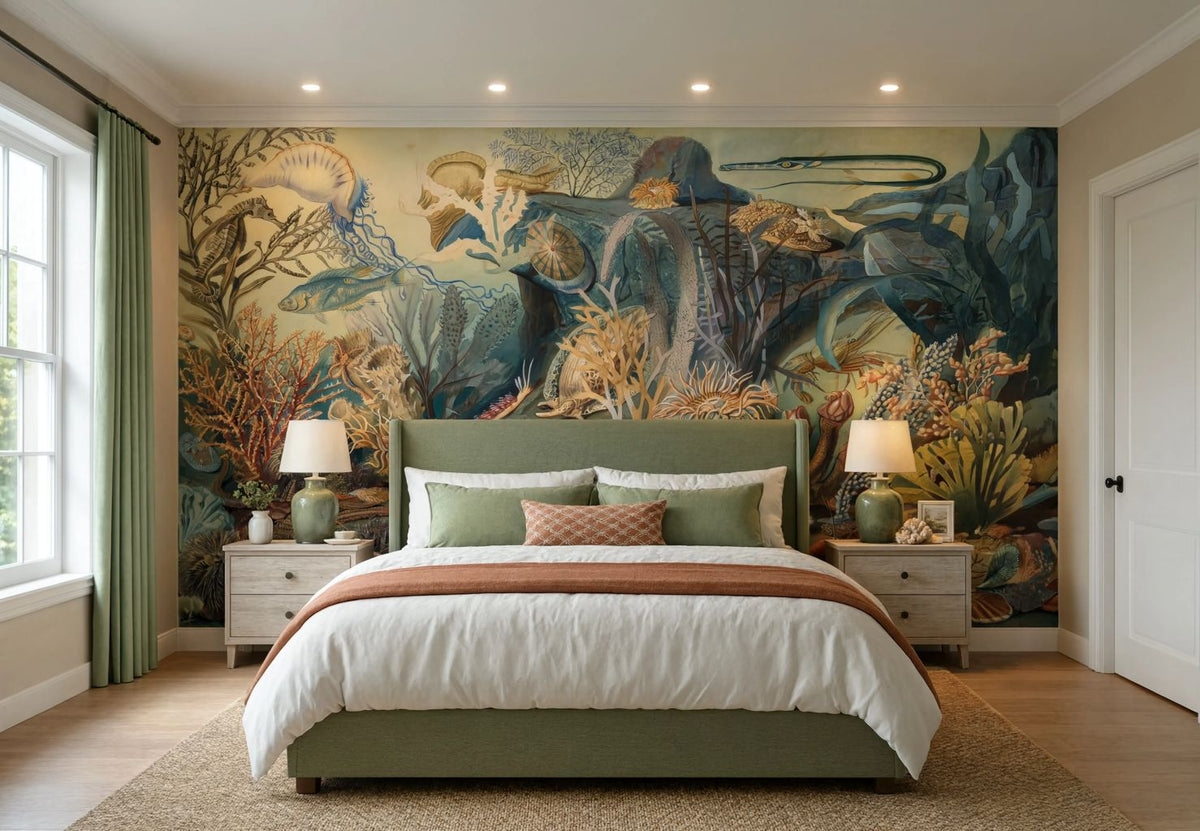 A styled bedroom featuring a large, detailed vintage-style mural of prehistoric dinosaurs and marine life on the back wall. The room is furnished with a matching sage green bed frame, white bedding, two light wood nightstands with green lamps, and green curtains.