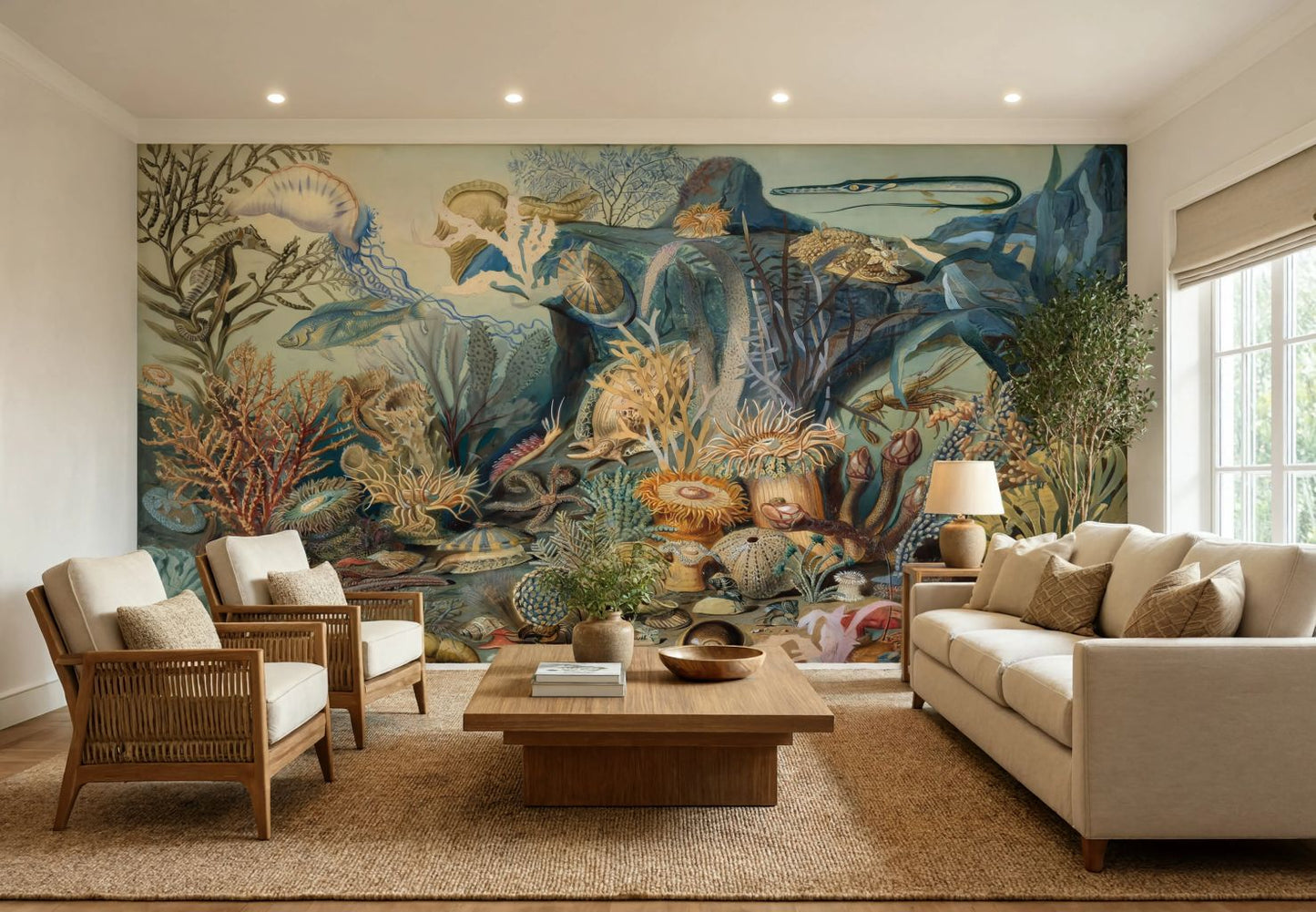 A large wall mural featuring a detailed underwater ocean scene with sea life and coral, styled in a modern living room with a beige sofa, two wicker armchairs, a wooden coffee table, and a neutral rug.