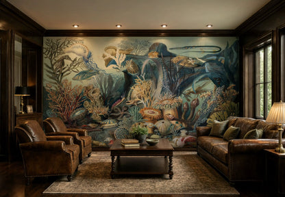 A large, detailed wall mural depicting a colorful underwater coral reef scene, installed in a dark wood living room with a brown leather sofa, two leather armchairs, and a wooden coffee table.