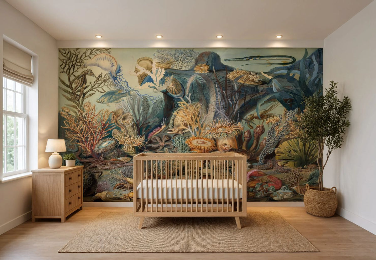 A large, detailed underwater-themed nursery wall mural is displayed in a modern nursery setting. The mural features a rich, colorful ocean scene with sea life, coral, and marine plants.