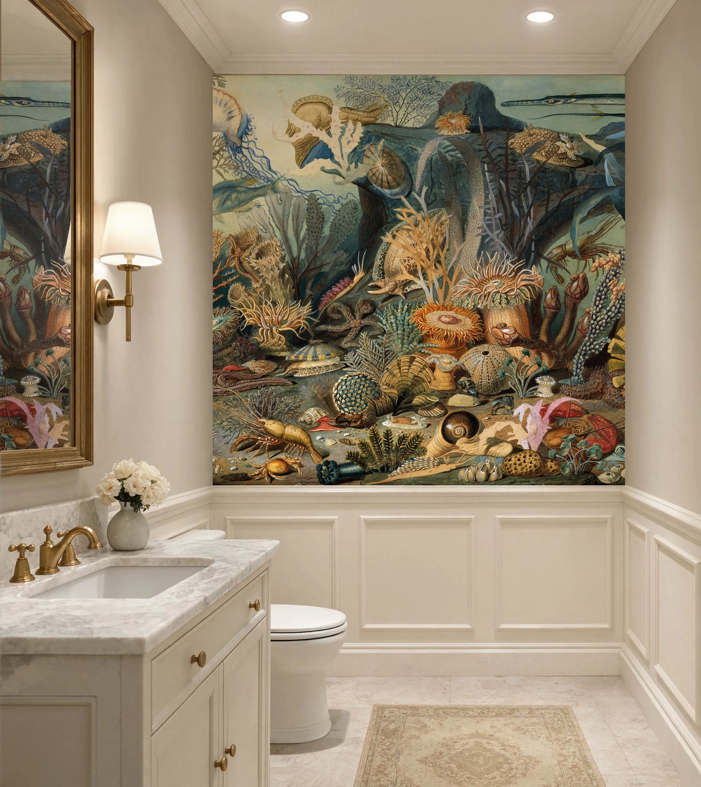Vintage sea life classical painting wall mural 60x60 square fit installed above navy wainscoting in a powder room