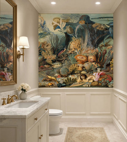 Vintage sea life classical painting wall mural 60x60 square fit installed above navy wainscoting in a powder room