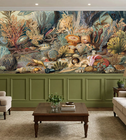 Laminated peel and stick vintage ocean wallpaper installed in a Grandmillennial style room