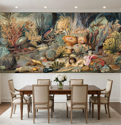 Antique coral reef and sea anemone artwork mural formatted above chair rail paneling in a dining room