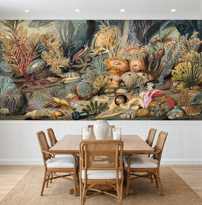 Vintage sea life classical painting wall mural installed above white wainscoting in a dining room