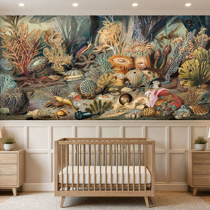 Vintage sea life classical painting wall mural installed above white wainscoting in a nursery
