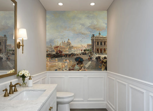60x60 Venice Wall Mural Above Wainscoting featuring St Mark Square and Venetian harbor