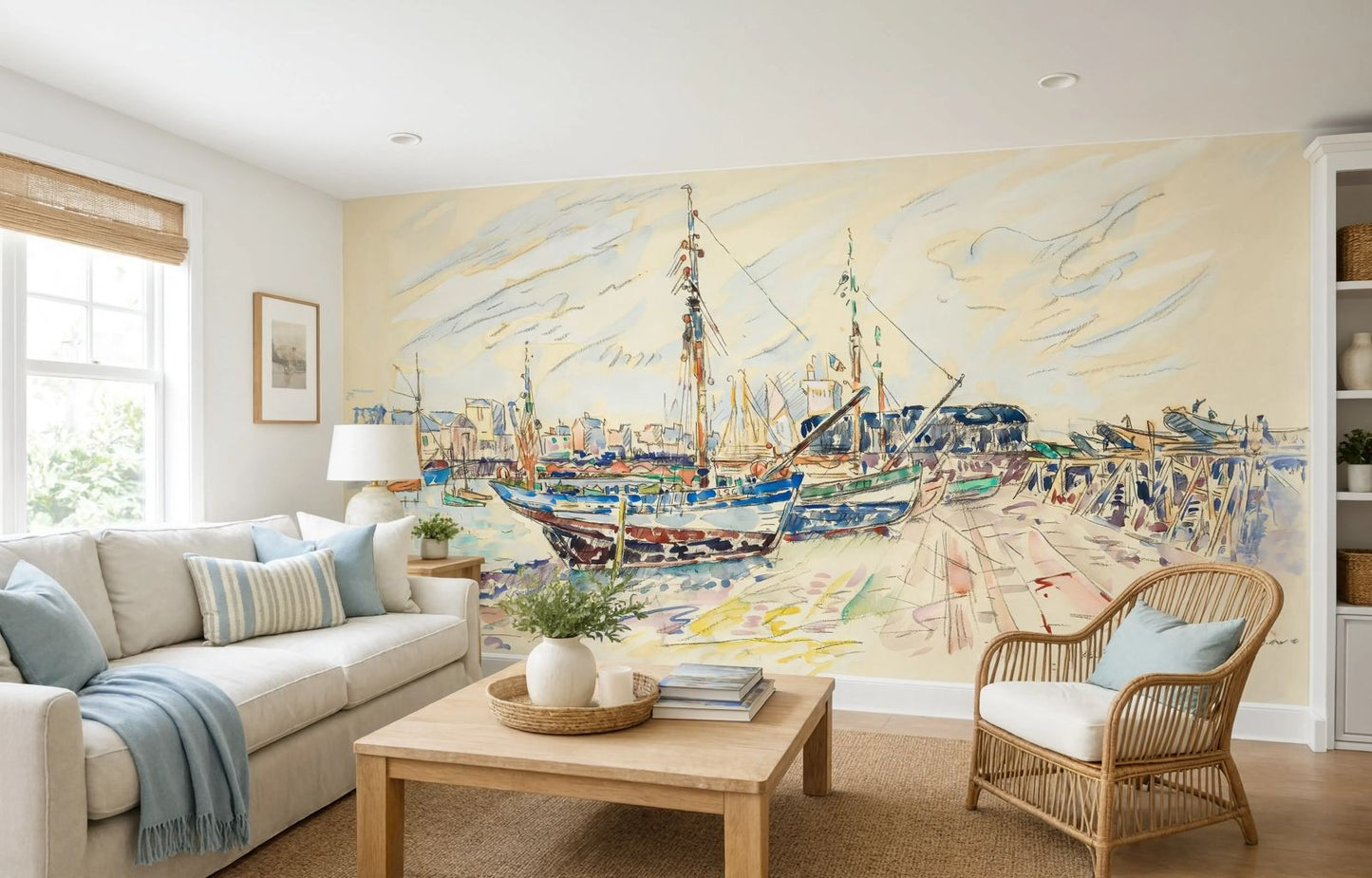 A 19th-century French watercolor harbor sketch wall mural by Paul Signac showing docked fishing boats and tall masts in light pastel ochre and blue tones.