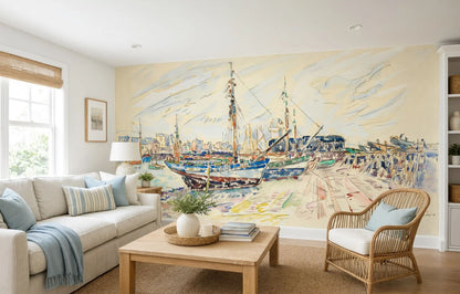 A 19th-century French watercolor harbor sketch wall mural by Paul Signac showing docked fishing boats and tall masts in light pastel ochre and blue tones.