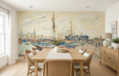 Fine art maritime sketch print wallpaper on textured vinyl non-woven material, capturing realistic watercolor textures and delicate ink drawing outlines.