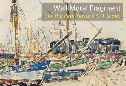 Large panoramic vintage wallpaper mural of a coastal harbor painting, installed on an accent wall in a modern organic styled beach cottage bedroom.