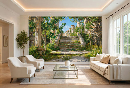 A 19th-century classical landscape wall mural by Peder Severin Krøyer featuring a sunlit old white stone staircase lined with columns and overgrown green trees.