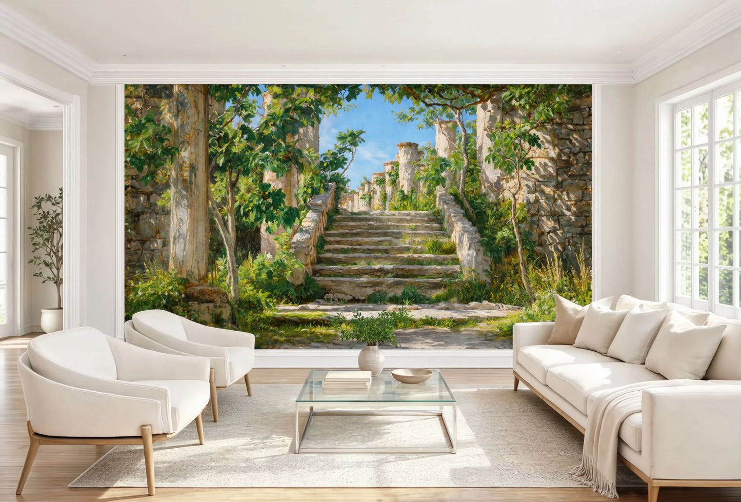 Immersive panoramic wallpaper mural depicting historic stone pillars and vibrant botanical garden greenery under a bright blue sky for a living room accent wall.