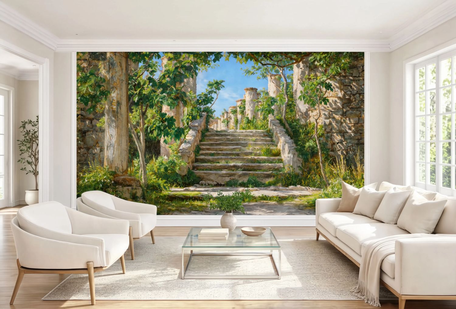 Immersive panoramic wallpaper mural depicting historic stone pillars and vibrant botanical garden greenery under a bright blue sky for a living room accent wall.