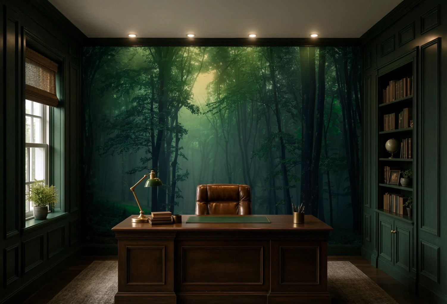 A dark, elegant study featuring a large wall mural of a misty green forest. In front of the wall is a dark wood desk, a brown leather chair, a green desk mat, and a brass desk lamp.