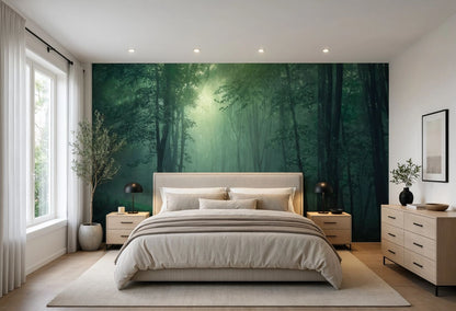 A modern bedroom featuring a large forest wall mural with a misty green woodland scene behind a bed with beige bedding, flanked by light wood nightstands and a matching dresser.