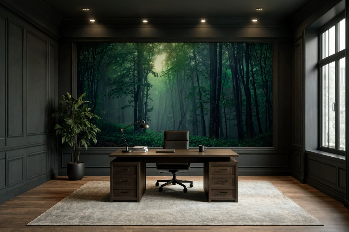 A large wall mural depicting a misty green forest is displayed on the back wall of a modern office room with dark wood paneling, a wooden desk, and a black office chair.