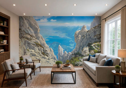 Mountain Lake Landscape Wall Mural showing alpine cliffs and turquoise water view
