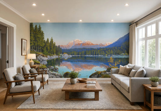 Vintage Mountain Lake Wall Mural featuring snow capped peaks reflected in clear alpine water