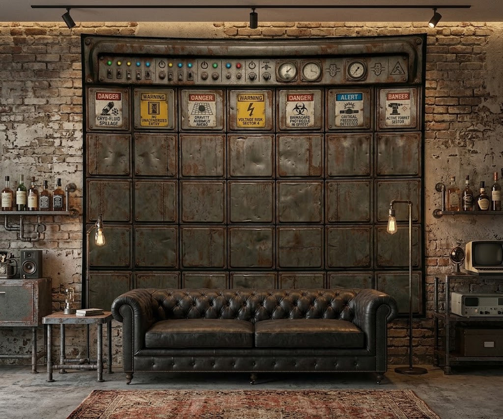 Dystopian bunker control board fabric wallcovering hung as an accent backdrop in a man cave.