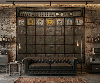 Dystopian bunker control board fabric wallcovering hung as an accent backdrop in a man cave.